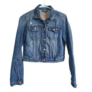 Hollister Distressed Denim Jacket Womens L Cotton Blue Jean Y2K Casual Layering